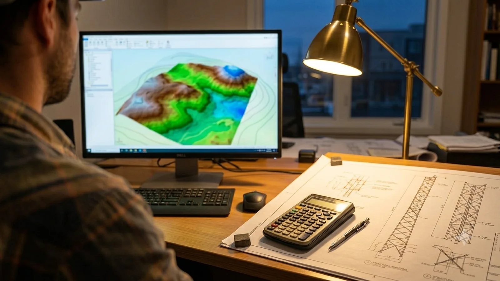 An engineer at a desk with a 3D terrain model on the monitor and printed lattice-tower drawings and a calculator beside the keyboard