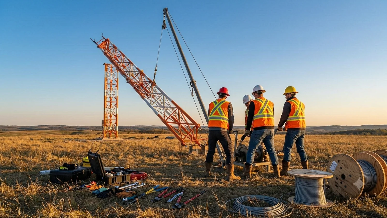 VOTC crew raising the guyed lattice mast on site, tensioning the guy lines